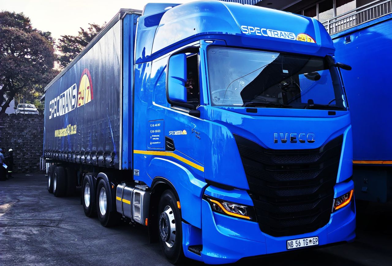 Spectrans-branded Iveco S-Way truck with a curtain-side trailer at the Durban depot